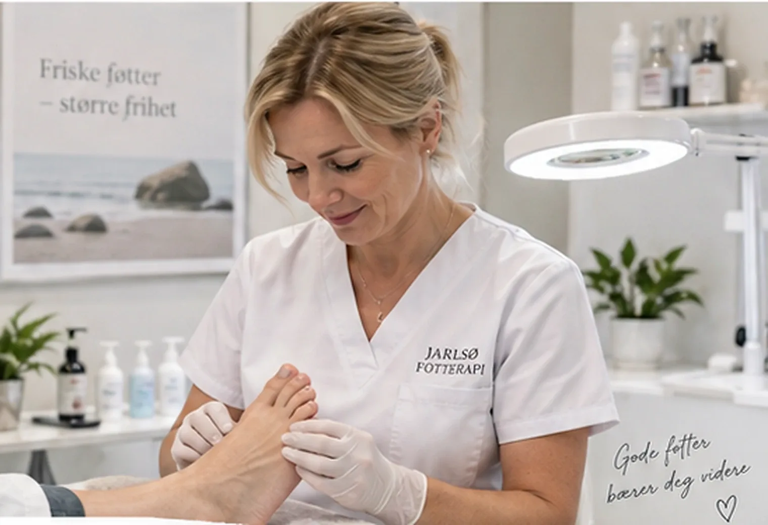 Ellen behandler en fot i klinikken på Jarlsø